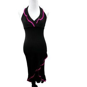 Vintage Rampage Clothing Halter Dress Black Pink Asymmetrical Ruffle Bodycon S